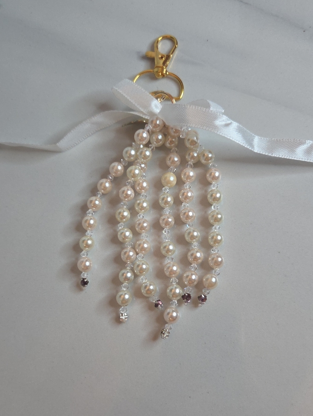 Pearl Tassel Bag Charm Keychain with Gold Clip - Ivory